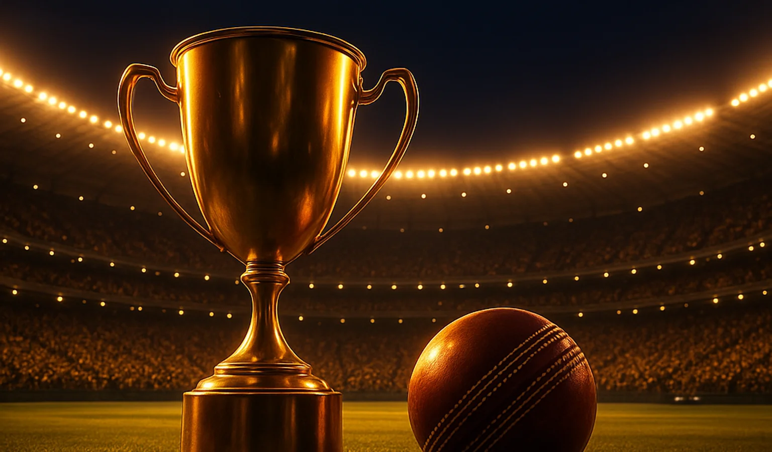 Cricket betting stadium with golden championship trophy on Casino id