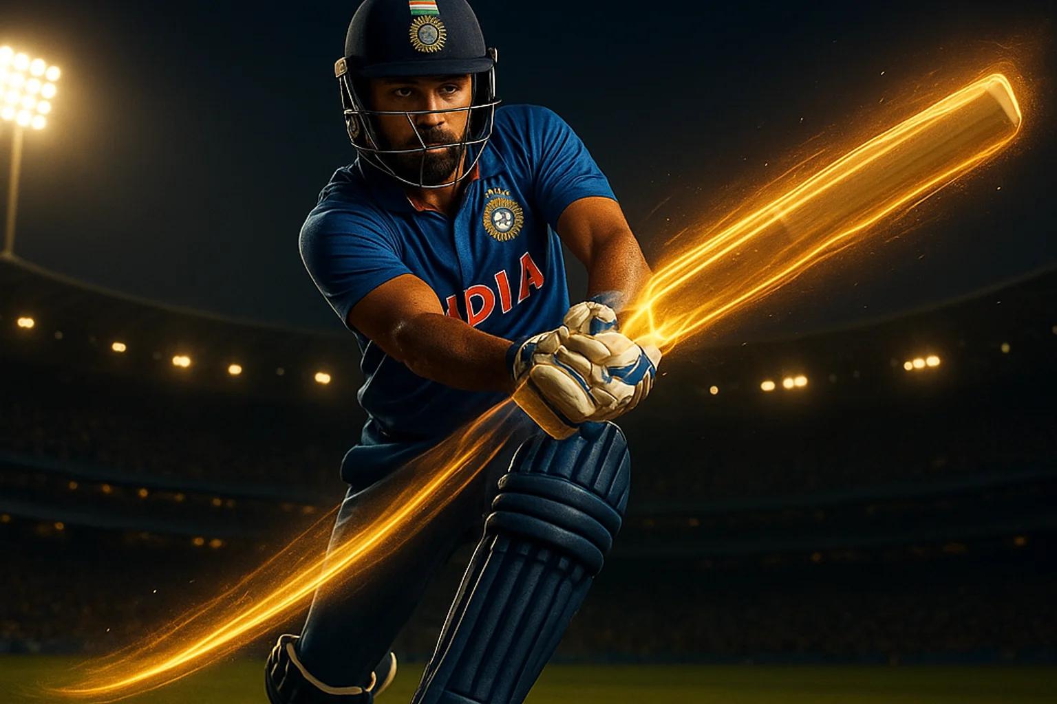 Indian cricketer playing a cover drive inside a floodlit stadium with gold light streaks on Casino id